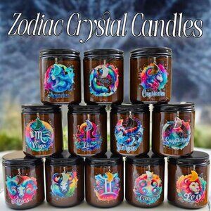 NEW Zodiac Crystal Candle Soy Wax Hidden Crystal & Moon Necklace Wooden Wick 8oz